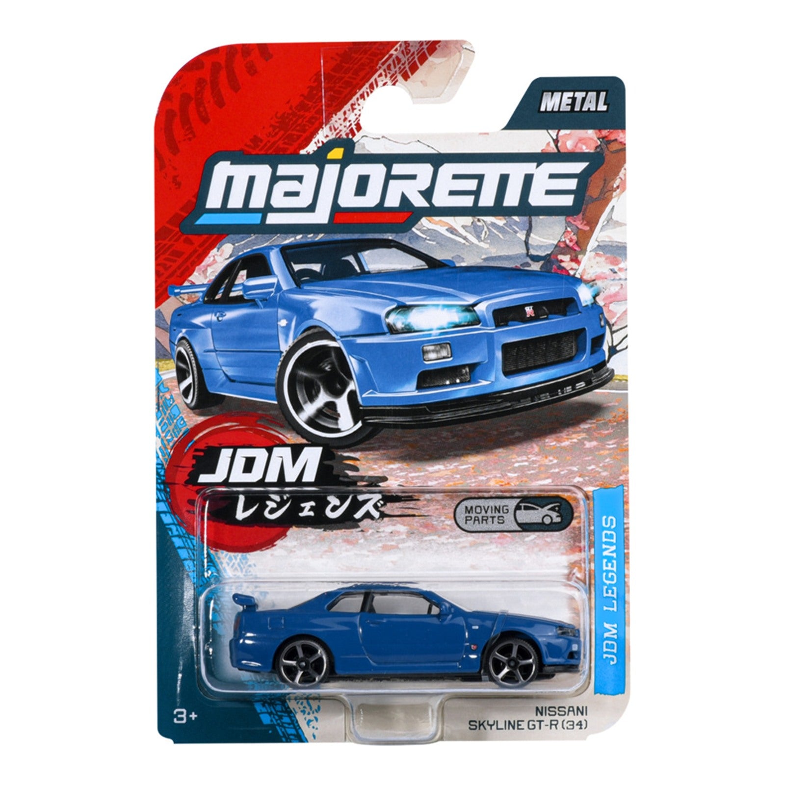 Majorette JDM Legends Nissan Skyline GT-R R34 blue 1:64 scale diecast model car in blister-card packaging