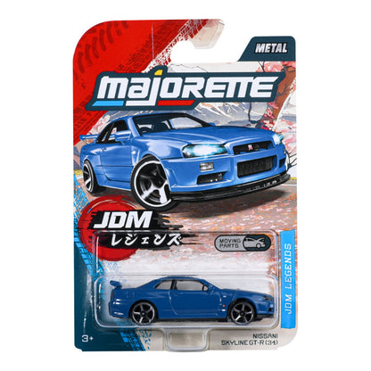 Majorette JDM Legends Nissan Skyline GT-R R34 blue 1:64 scale diecast model car in blister-card packaging