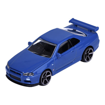 Majorette JDM Legends Nissan Skyline GT-R R34 blue 1:64 scale diecast model car front three-quarter view, showing the squared-off GT-R nose