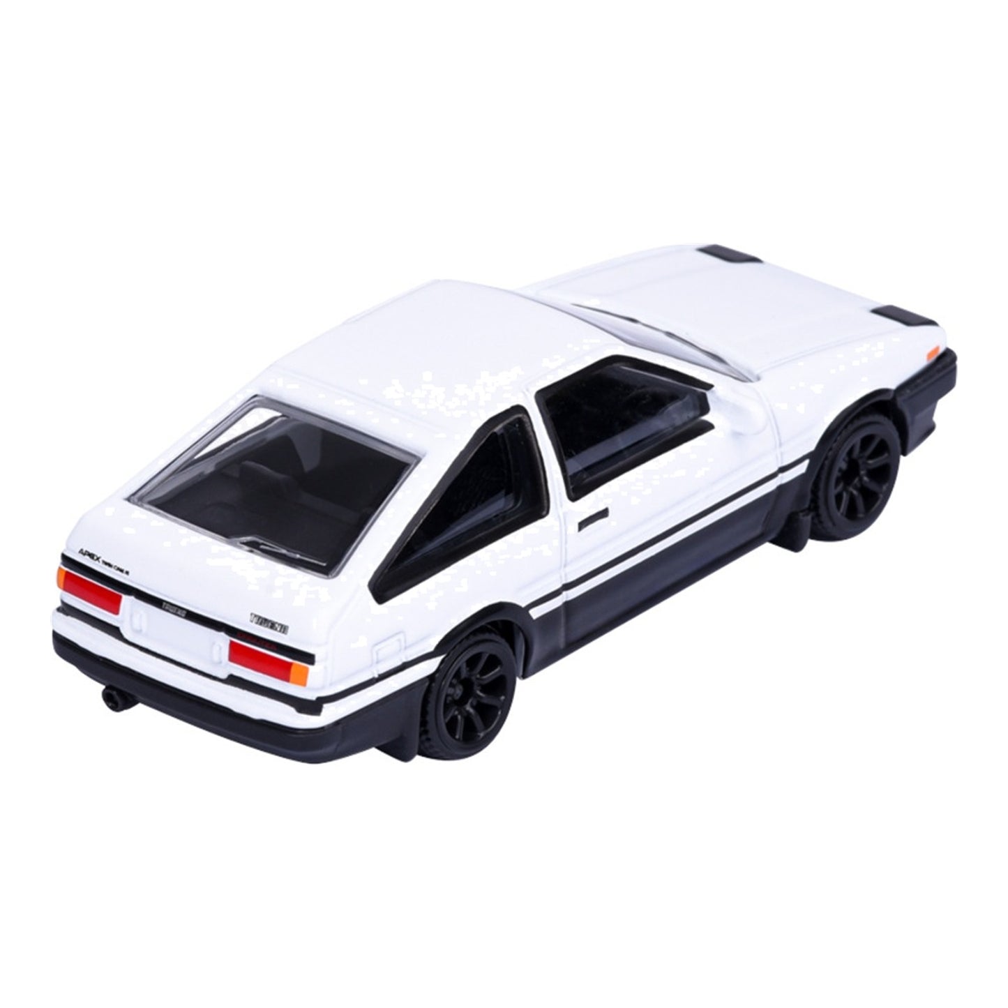 Majorette JDM Legends Toyota AE86 GT Apex white 1:64 scale diecast model car rear three-quarter view, showing the hatchback tailgate