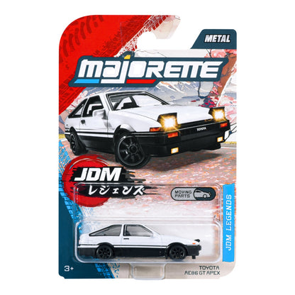 Majorette JDM Legends Toyota AE86 GT Apex white 1:64 scale diecast model car in blister-card packaging