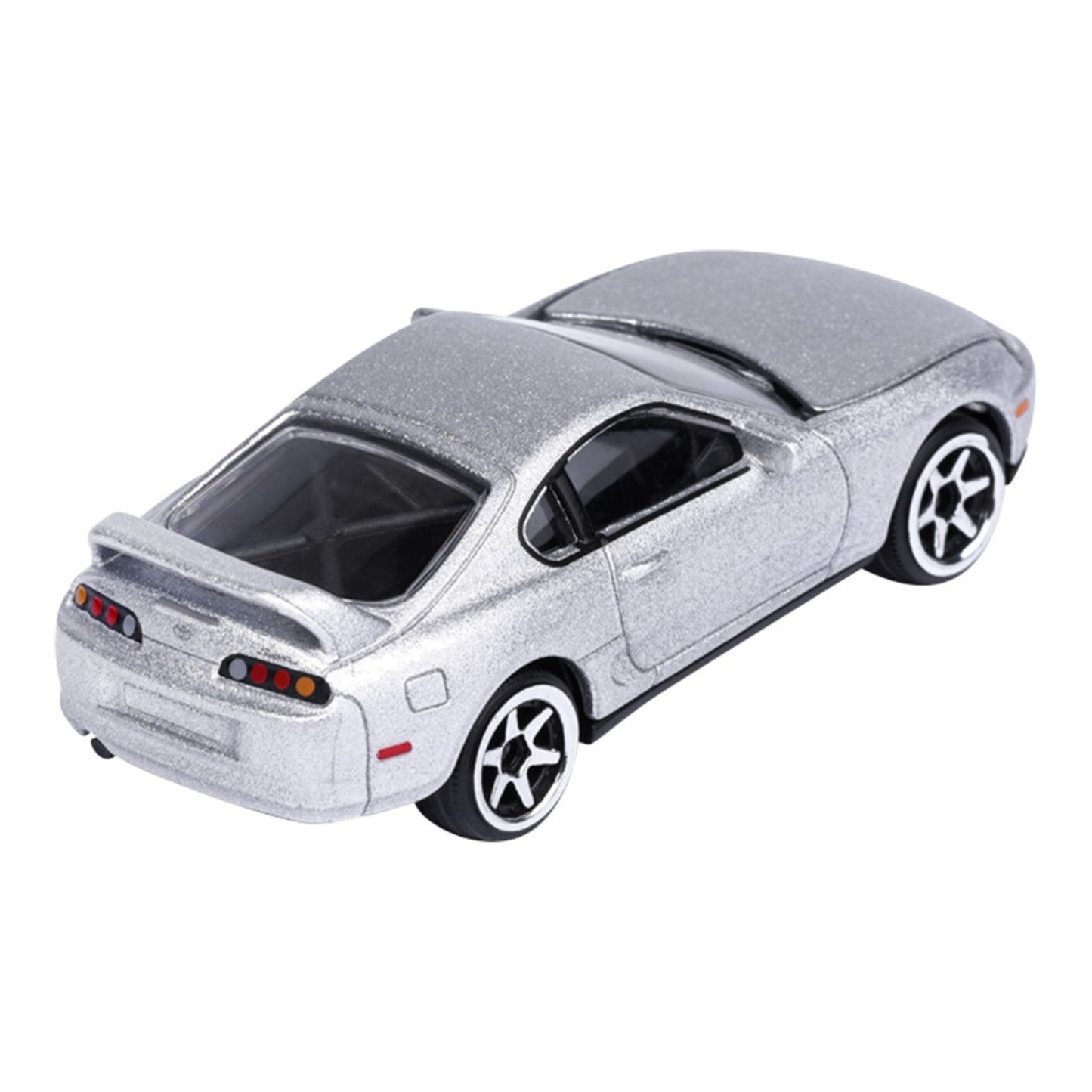 Majorette JDM Legends Toyota Supra JZA80 silver 1:64 scale diecast model car rear three-quarter view, showing the basket-handle rear wing