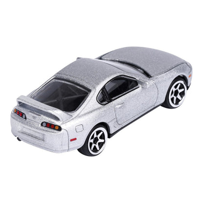 Majorette JDM Legends Toyota Supra JZA80 silver 1:64 scale diecast model car rear three-quarter view, showing the basket-handle rear wing