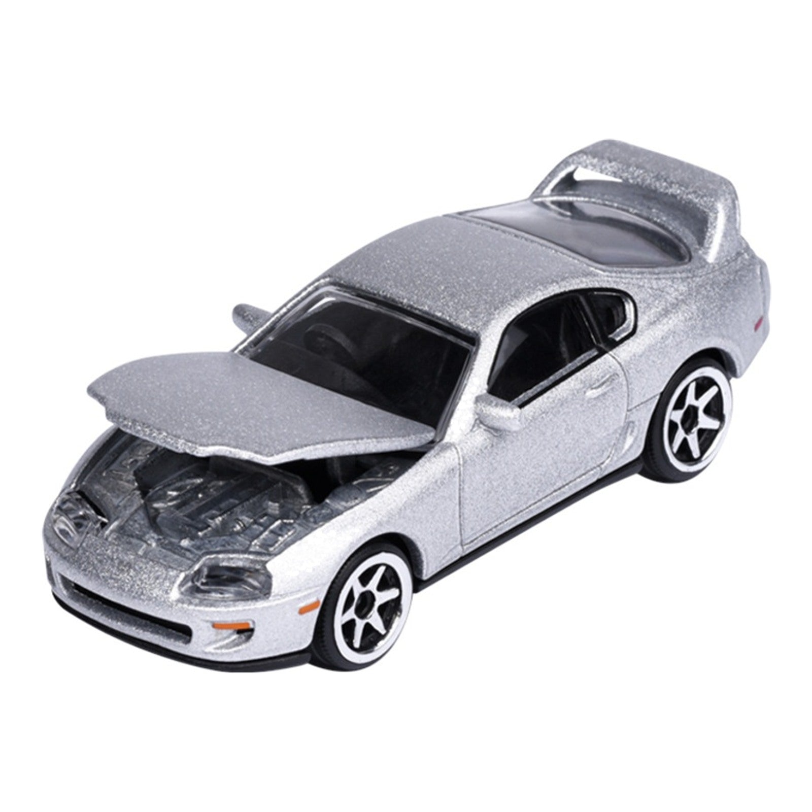 Majorette JDM Legends Toyota Supra JZA80 silver 1:64 scale diecast model car front three-quarter view, hood open