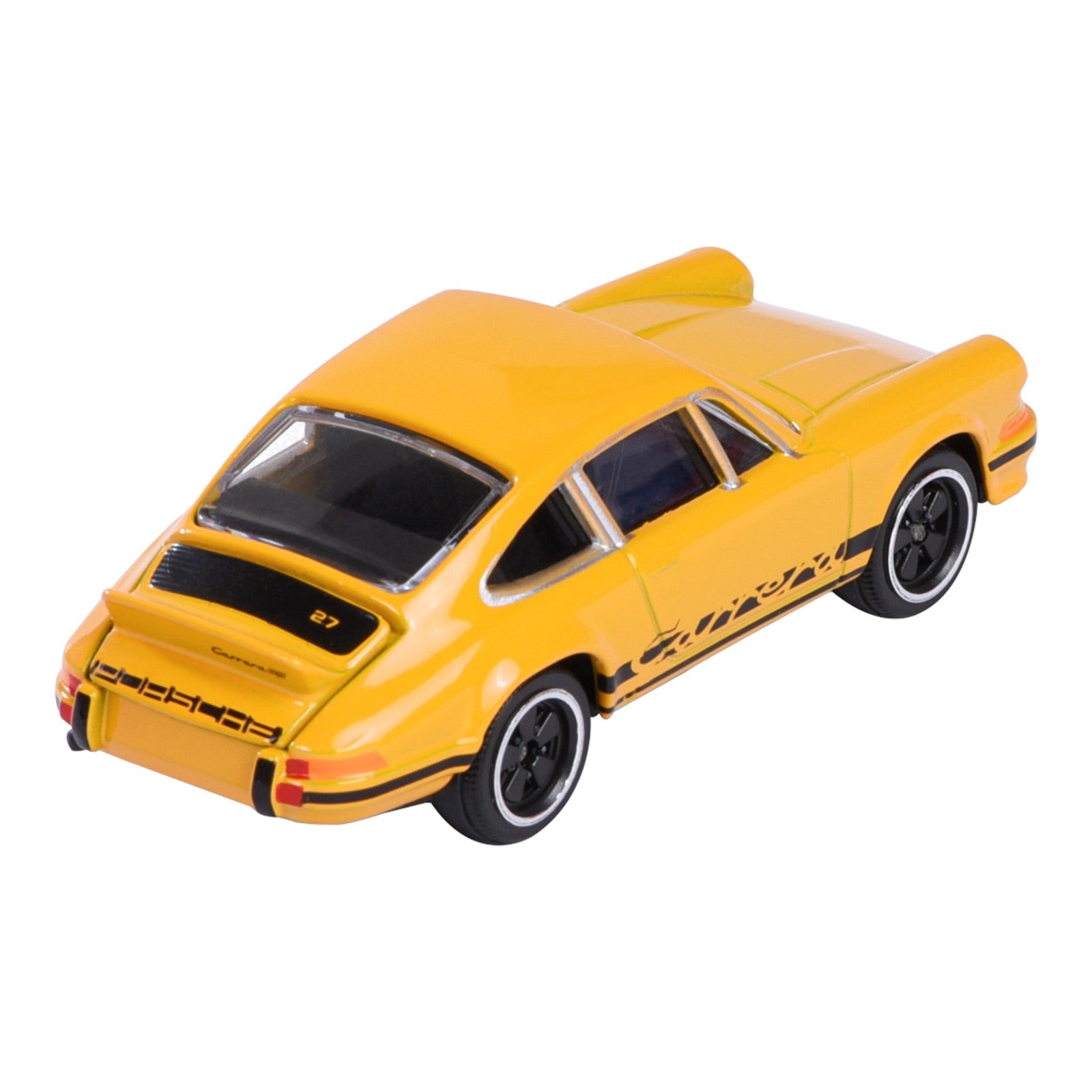 Majorette Porsche Premium Porsche 911 Carrera RS 2.7 yellow 1:64 scale diecast model car rear three-quarter view showing ducktail spoiler