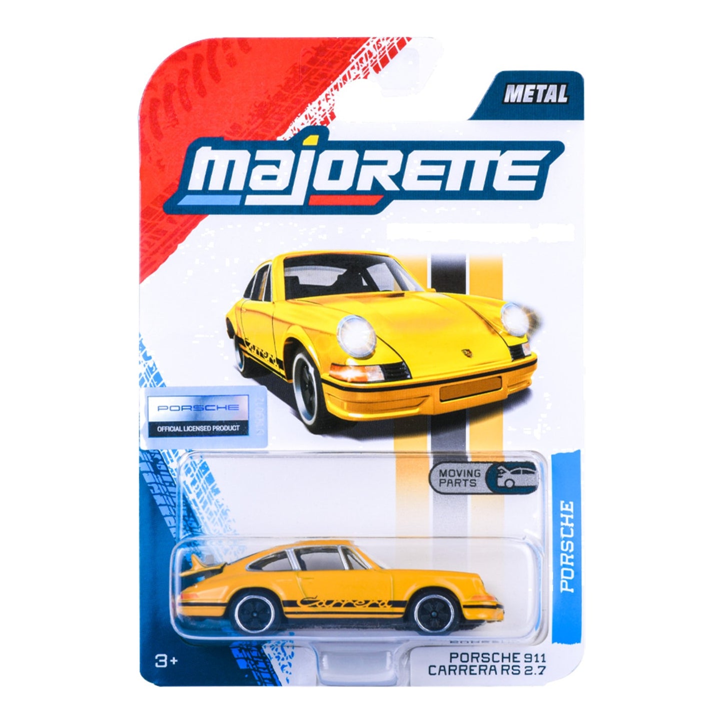 Majorette Porsche Premium Porsche 911 Carrera RS 2.7 yellow 1:64 scale diecast model car in blister-card packaging