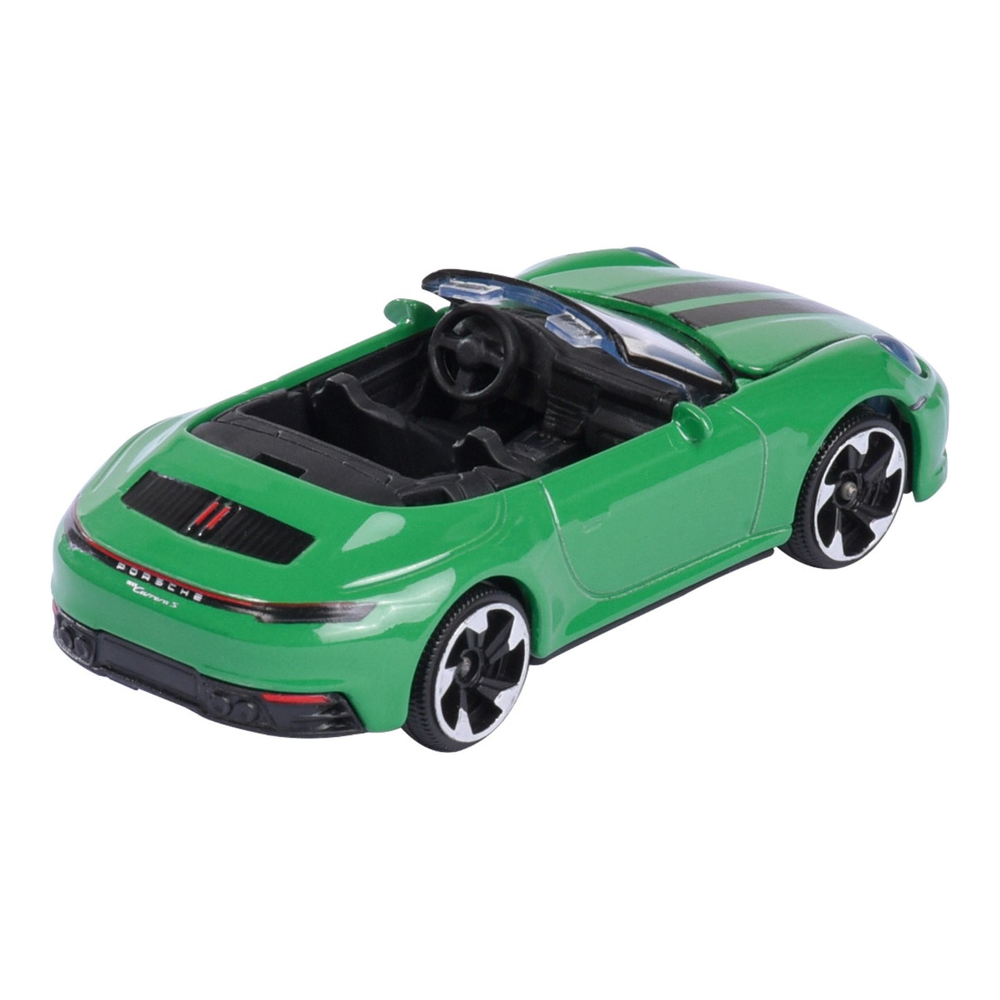 Majorette Porsche Premium Porsche 911 Carrera S green 1:64 scale diecast model car rear three-quarter view showing light bar