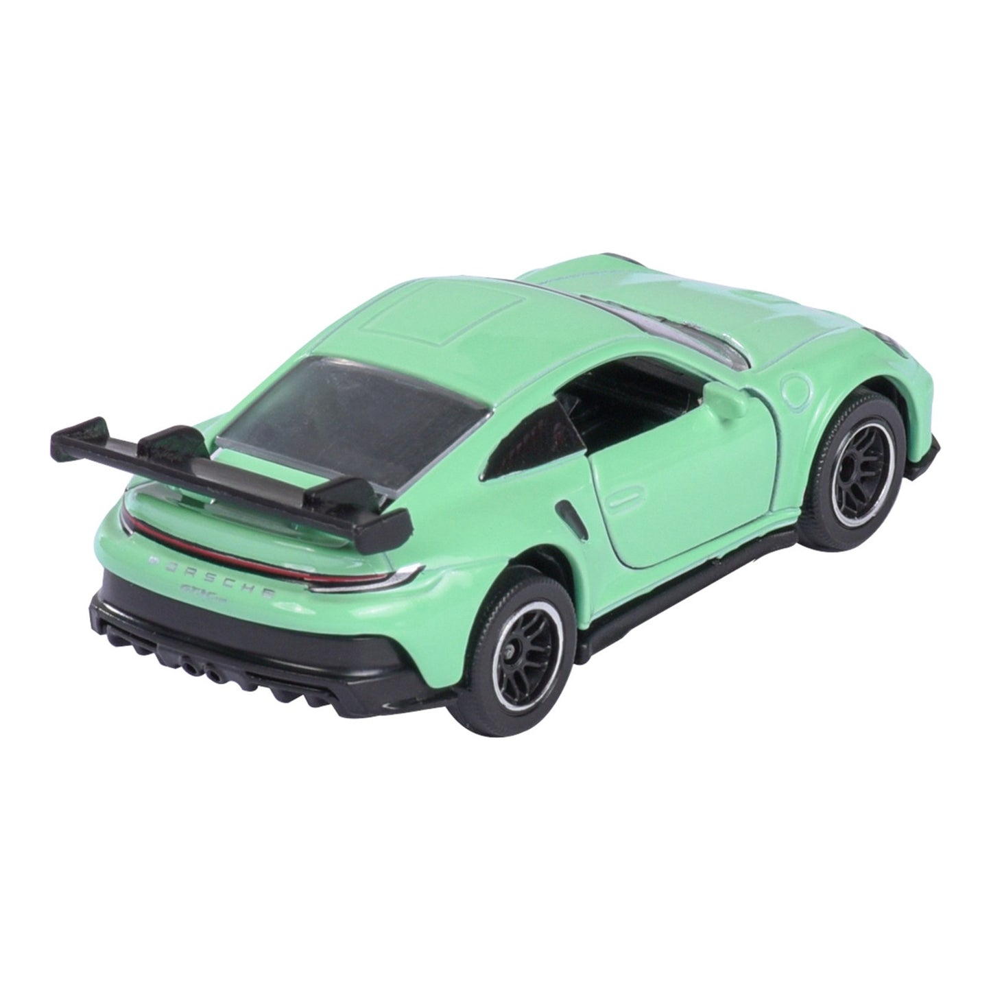 Majorette Porsche Premium Porsche 911 GT3 Cup 992 mint green 1:64 scale diecast model car rear three-quarter view showing swan-neck rear wing