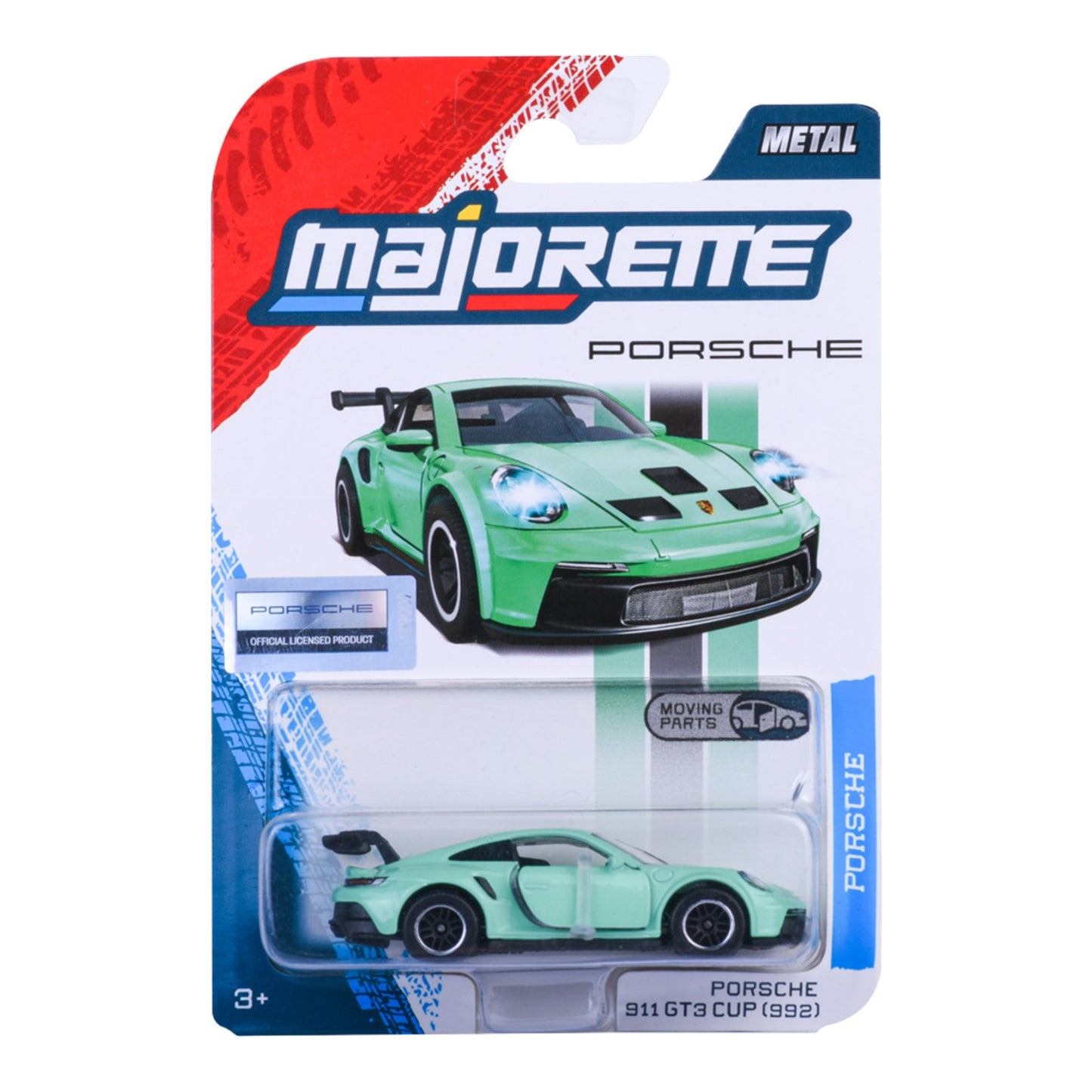 Majorette Porsche Premium Porsche 911 GT3 Cup 992 mint green 1:64 scale diecast model car in blister-card packaging