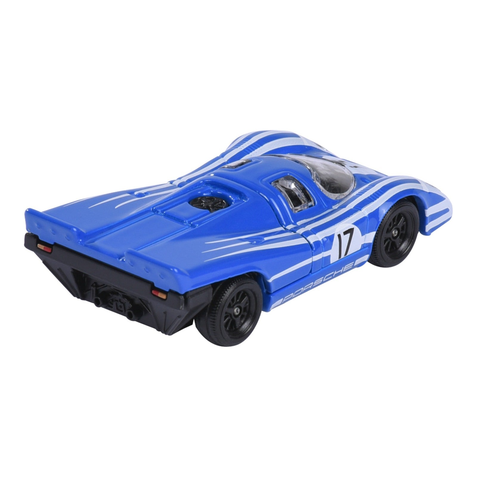 Majorette Porsche Premium Porsche 917 blue 1:64 scale diecast model car rear three-quarter view showing engine cover and wing
