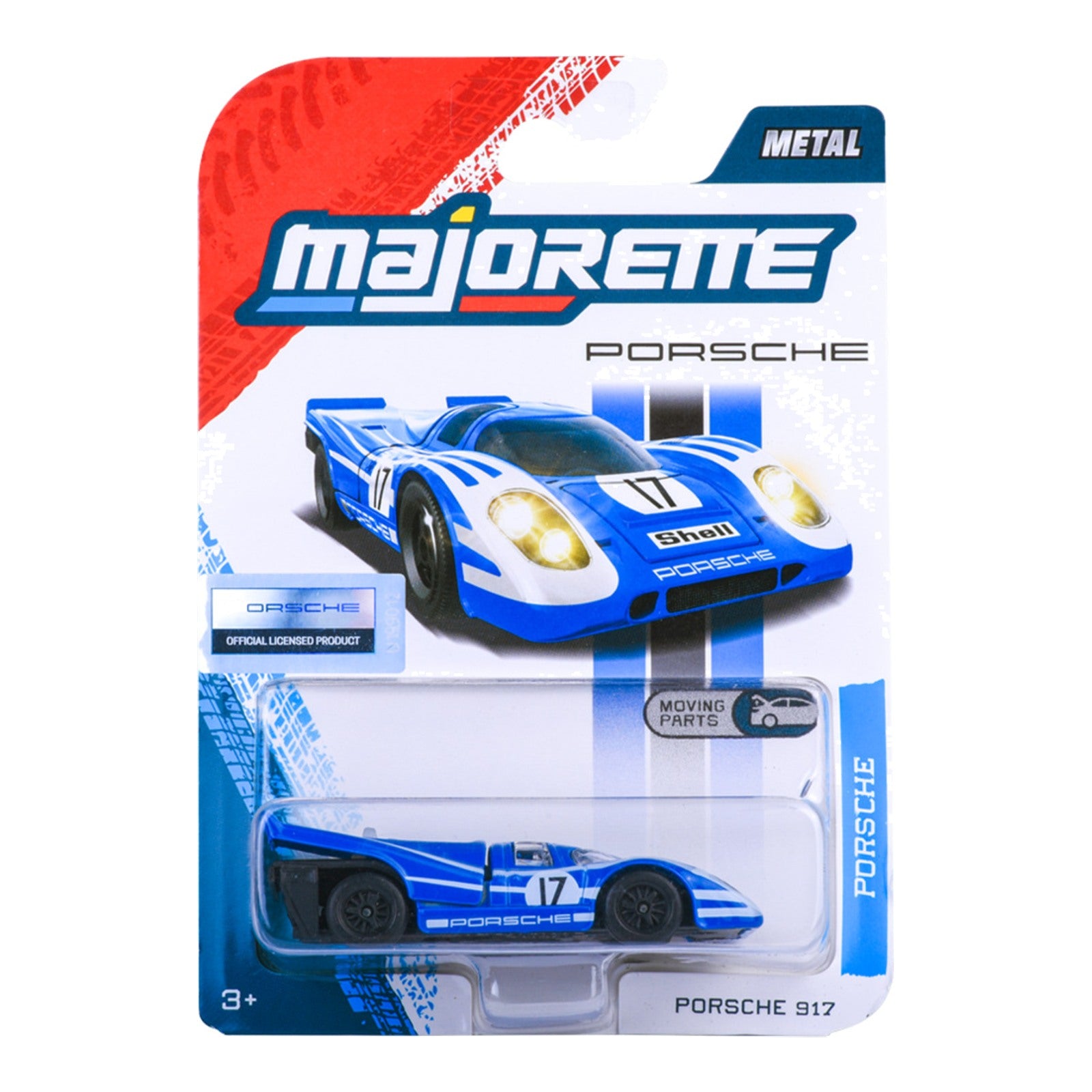 Majorette Porsche Premium Porsche 917 blue 1:64 scale diecast model car in blister-card packaging
