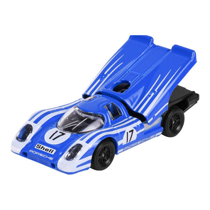 Majorette Porsche Premium Porsche 917 blue 1:64 scale diecast model car front three-quarter view with number 17 Shell livery