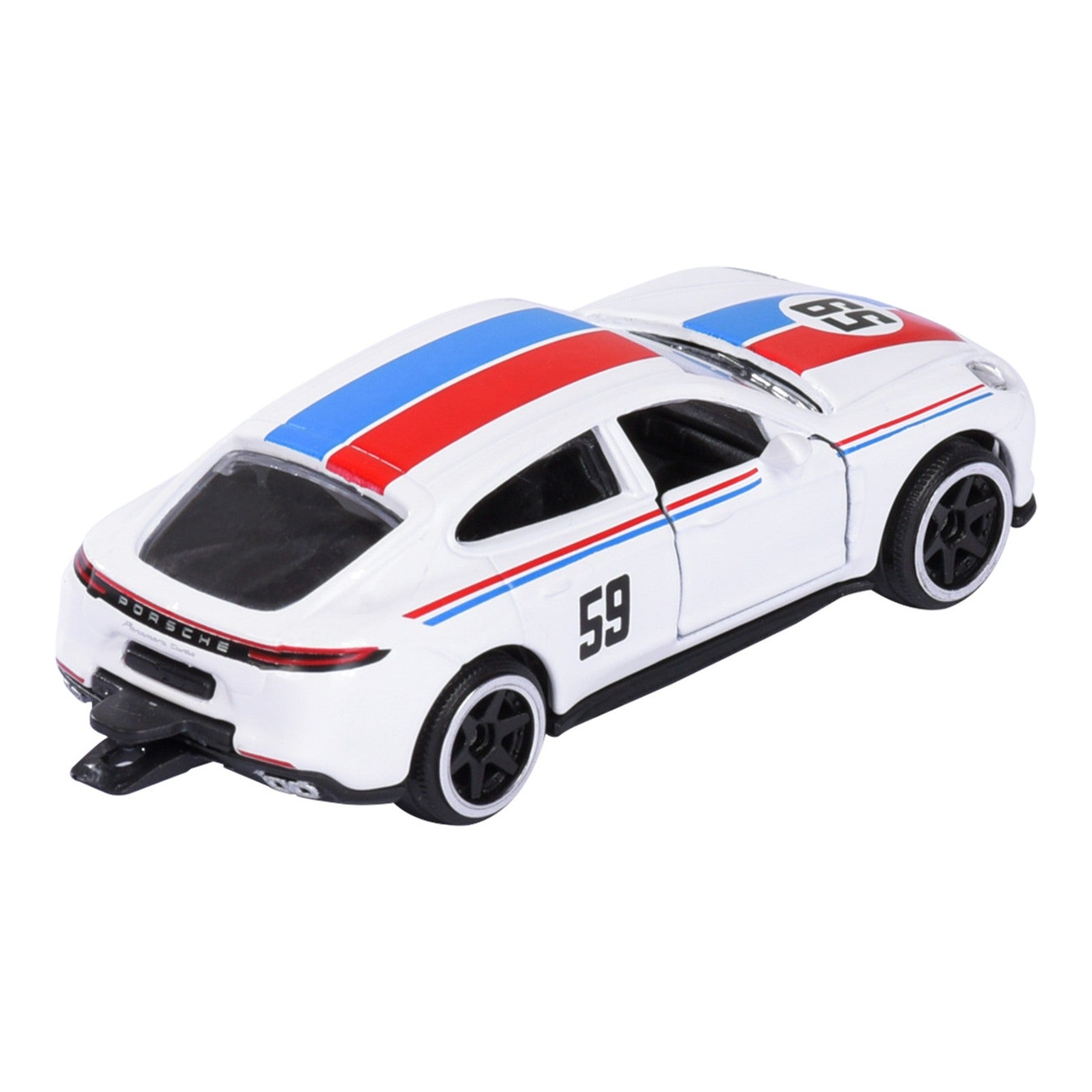 Majorette Porsche Premium Porsche Panamera white 1:64 scale diecast model car rear three-quarter view showing full-width light bar