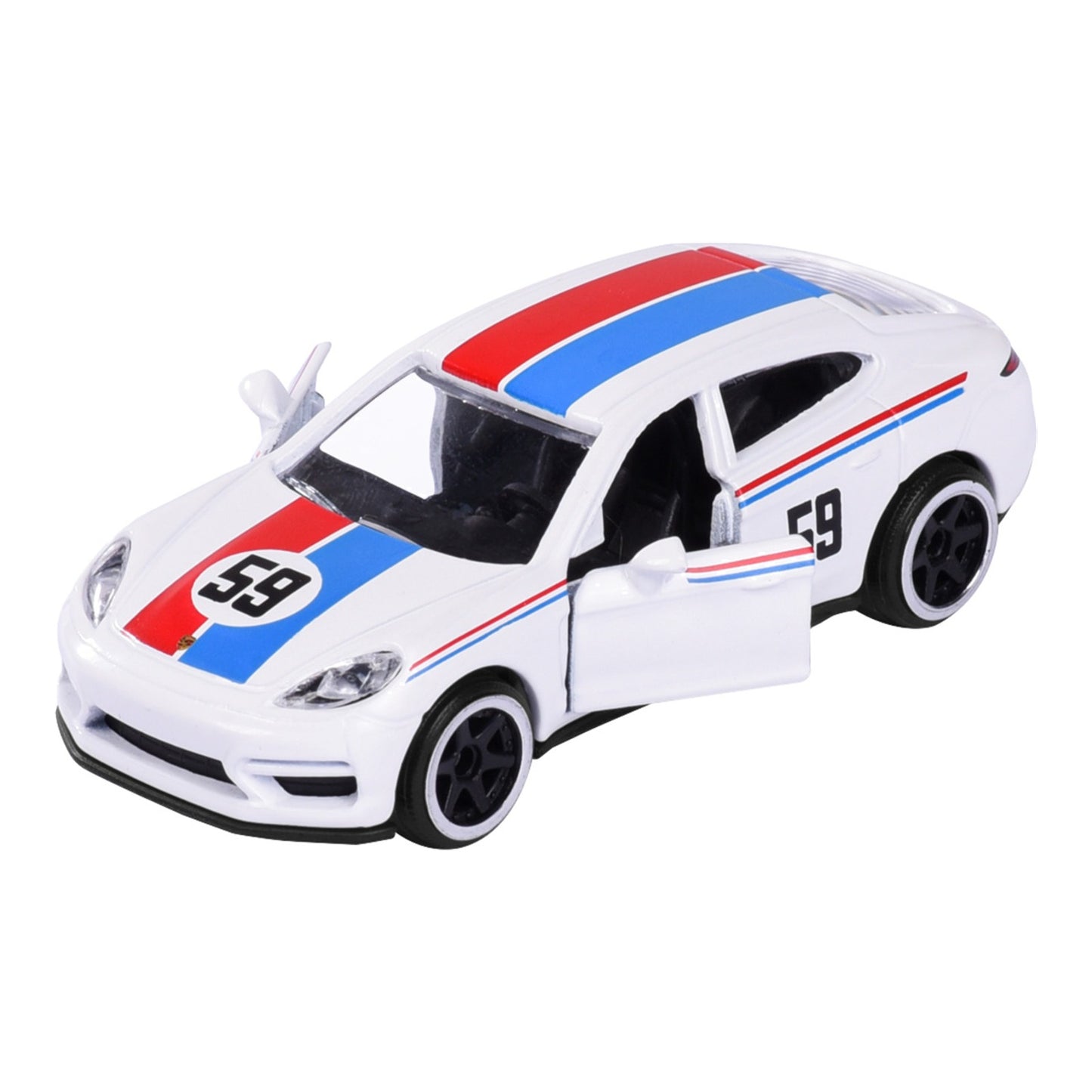 Majorette Porsche Premium Porsche Panamera white 1:64 scale diecast model car front three-quarter view with number 59 racing stripes and open door
