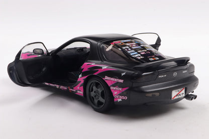 back perspective view with doors open of Mazda RX7 FD3RS Solido works Itasha Club Pink 1999 1:18 scale model car - Solido