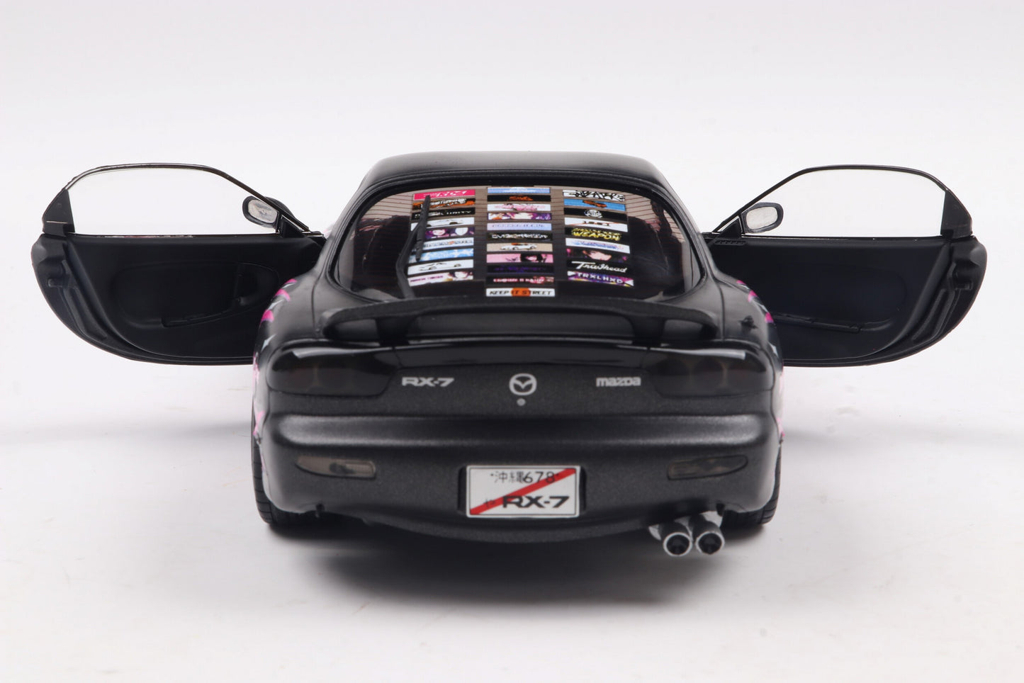 back view with doors open of Mazda RX7 FD3RS Solido works Itasha Club Pink 1999 1:18 scale model car - Solido