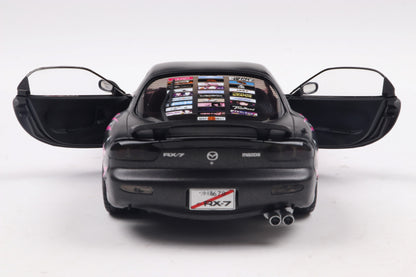 back view with doors open of Mazda RX7 FD3RS Solido works Itasha Club Pink 1999 1:18 scale model car - Solido