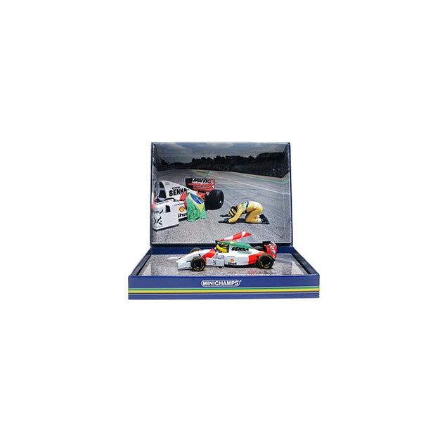 McLaren Ford MP4/8 with standing Figurine and Flag Sebastian Vettel F1 Tribute Imola 2024 1:43 scale model car - Minichamps