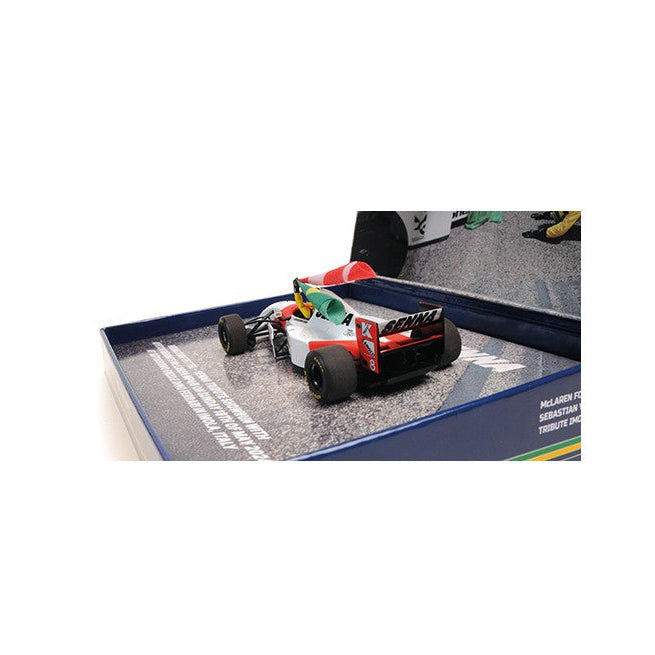 McLaren Ford MP4/8 with standing Figurine and Flag Sebastian Vettel F1 Tribute Imola 2024 1:43 scale model car - Minichamps