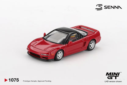 Front view of Honda NS-X Prototype Midship Sports 1989 Ayrton Senna red 1:64 diecast model car by Mini GT (MGT01075)