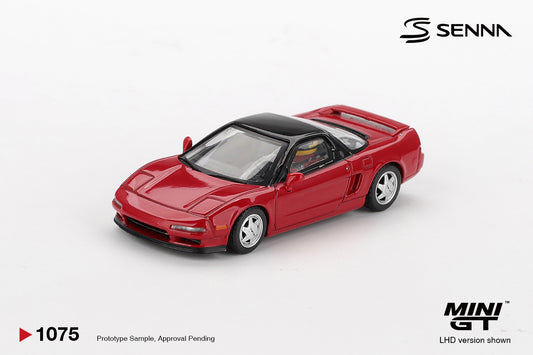 Front view of Honda NS-X Prototype Midship Sports 1989 Ayrton Senna red 1:64 diecast model car by Mini GT (MGT01075)