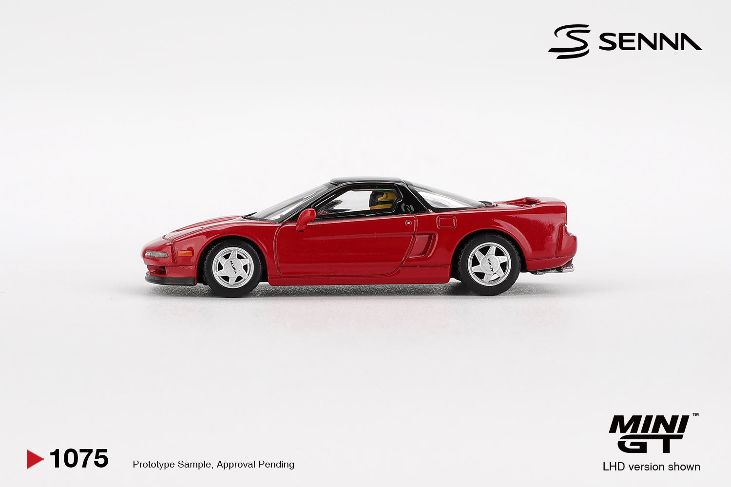 Side profile of Honda NS-X Prototype Midship Sports 1989 red 1:64 scale model car with black roof (MGT01075)