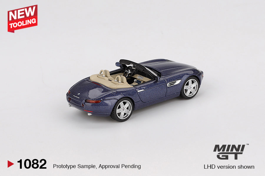 Back perspectiev view of BMW Z8 Alpina Alpine Blue 1:64 scale model car - Mini GT