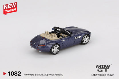 Back perspectiev view of BMW Z8 Alpina Alpine Blue 1:64 scale model car - Mini GT