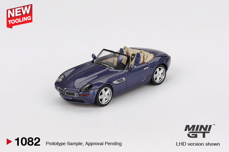 Front perspective view of BMW Z8 Alpina Alpine Blue 1:64 scale model car - Mini GT