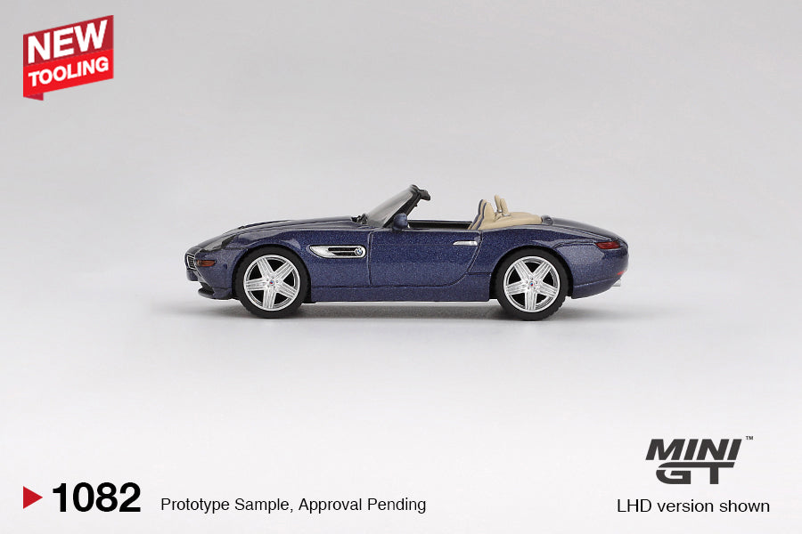 Side view of BMW Z8 Alpina Alpine Blue 1:64 scale model car - Mini GT