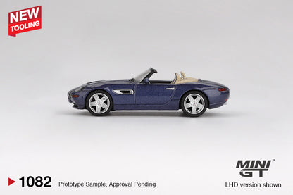 Side view of BMW Z8 Alpina Alpine Blue 1:64 scale model car - Mini GT