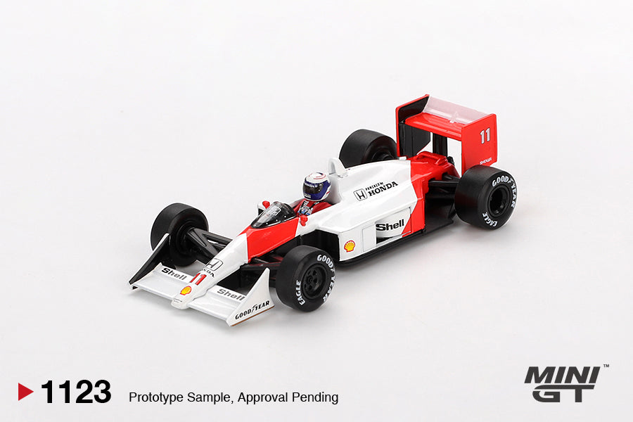 Front view of McLaren MP4/4 #11 Alain Prost 1988 Japanese Grand Prix 1:64 diecast model car by Mini GT (MGT01123)