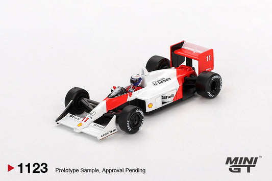 Front view of McLaren MP4/4 #11 Alain Prost 1988 Japanese Grand Prix 1:64 diecast model car by Mini GT (MGT01123)
