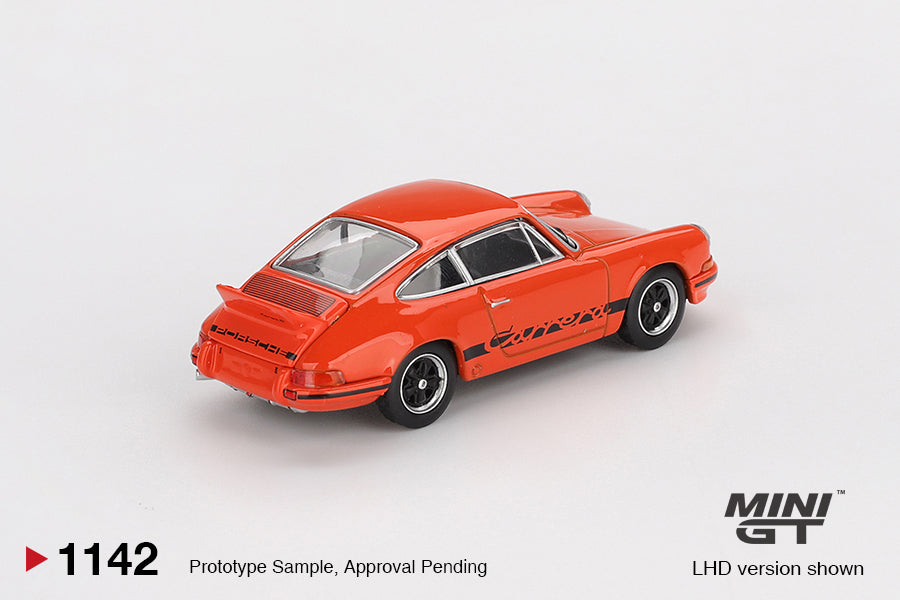 Rear view of Porsche 911 Carrera RS 2.7 Tangerine 1:64 diecast showing the ducktail spoiler and Porsche script (MGT01142)