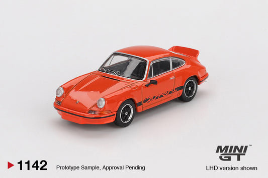 Front view of Porsche 911 Carrera RS 2.7 Tangerine with Black Livery 1:64 diecast model car by Mini GT (MGT01142)