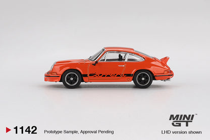 Side profile of Porsche 911 Carrera RS 2.7 Tangerine 1:64 scale model car with black Carrera script and Fuchs-style wheels (MGT01142)