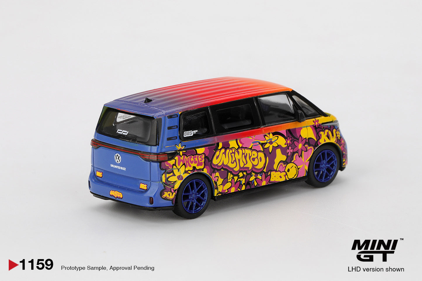 Rear view of Volkswagen ID. Buzz KW/BBS 1:64 diecast showing the blue tailgate and floral graffiti wrap (MGT01159)