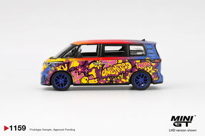 Side profile of Volkswagen ID. Buzz KW/BBS 1:64 scale model car with blue BBS wheels and KW Unlimited graffiti livery (MGT01159)