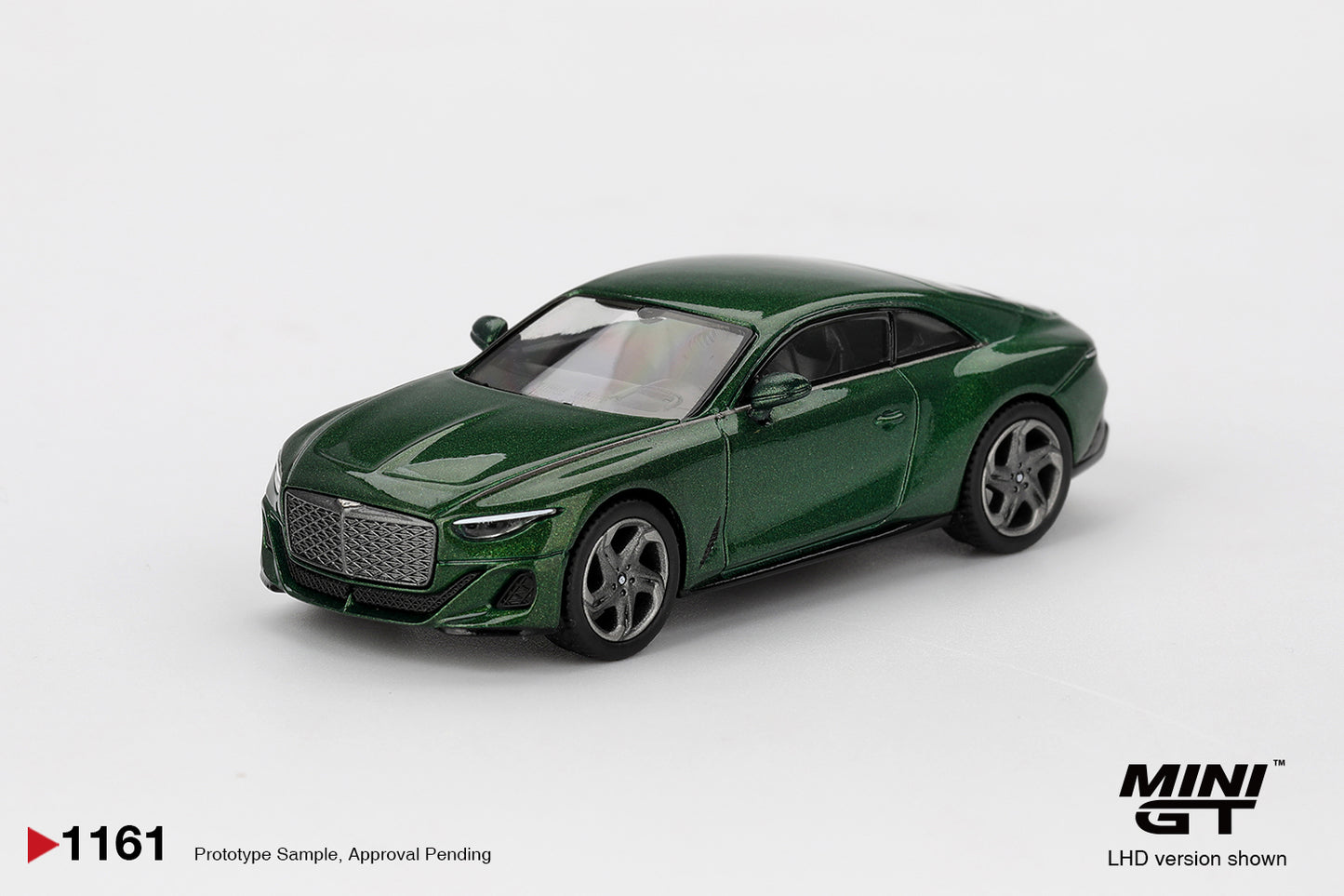 Front view of Bentley Batur Scarab Green 1:64 diecast model car by Mini GT showing the matrix grille (MGT01161)