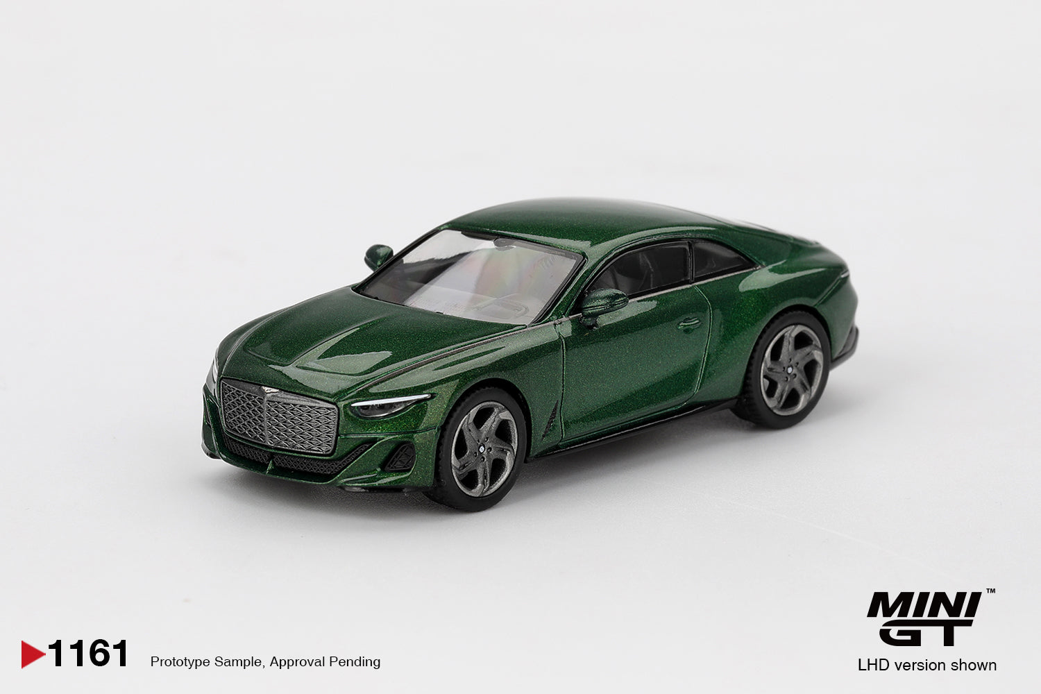 Front view of Bentley Batur Scarab Green 1:64 diecast model car by Mini GT showing the matrix grille (MGT01161)