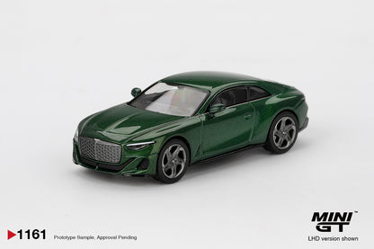 Front view of Bentley Batur Scarab Green 1:64 diecast model car by Mini GT showing the matrix grille (MGT01161)