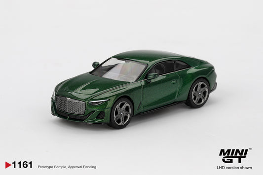 Front view of Bentley Batur Scarab Green 1:64 diecast model car by Mini GT showing the matrix grille (MGT01161)
