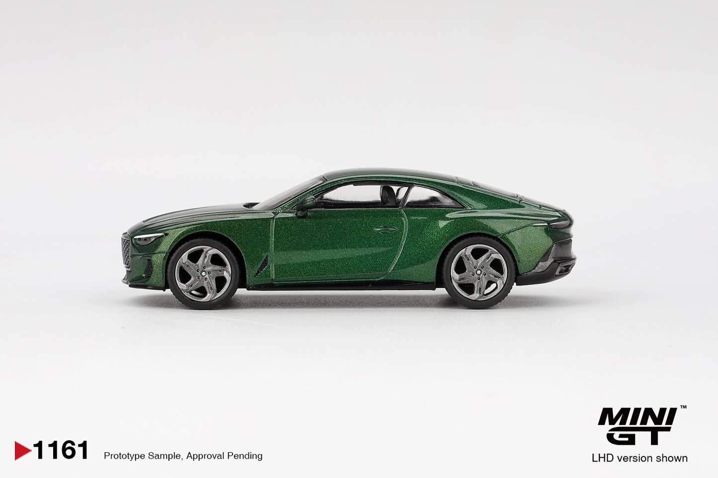 Side profile of Bentley Batur Scarab Green 1:64 scale model car with polished multi-spoke wheels (MGT01161)
