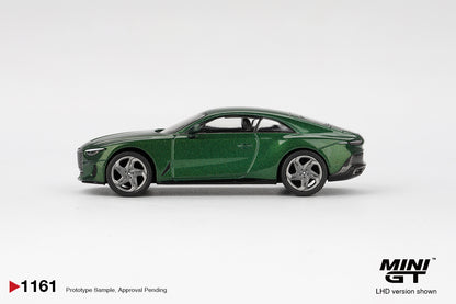 Side profile of Bentley Batur Scarab Green 1:64 scale model car with polished multi-spoke wheels (MGT01161)
