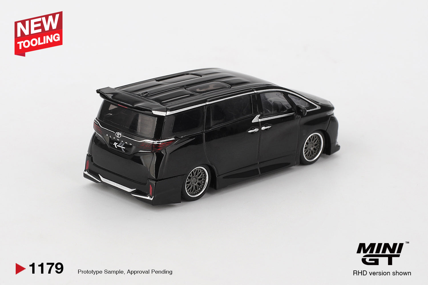 Rear view of Toyota Alphard 40 KUHL black 1:64 diecast showing the roof spoiler and rear lights (MGT01179)