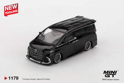 Front view of Toyota Alphard 40 KUHL black 1:64 diecast model car by Mini GT showing the chrome grille (MGT01179)