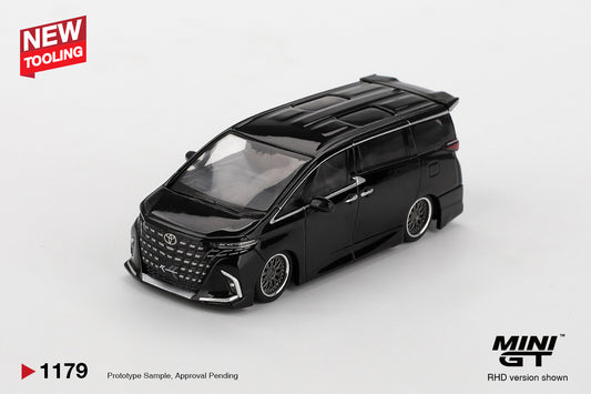 Front view of Toyota Alphard 40 KUHL black 1:64 diecast model car by Mini GT showing the chrome grille (MGT01179)