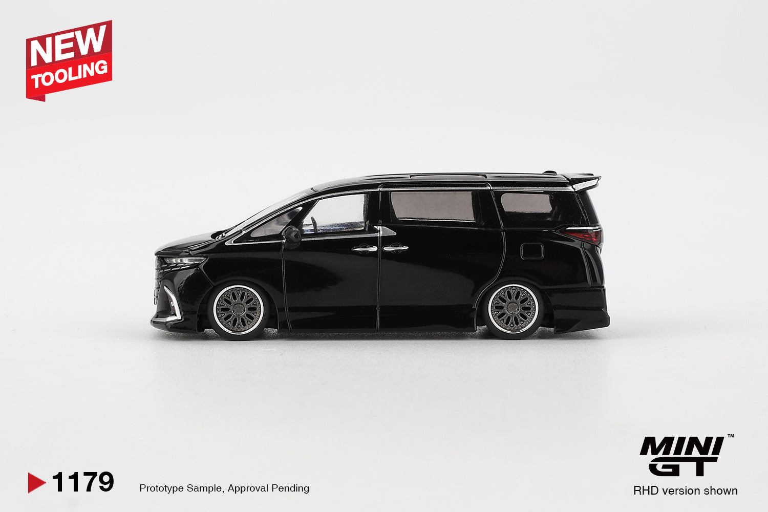 Side profile of Toyota Alphard 40 KUHL black 1:64 scale model car with slammed stance and multi-spoke wheels (MGT01179)
