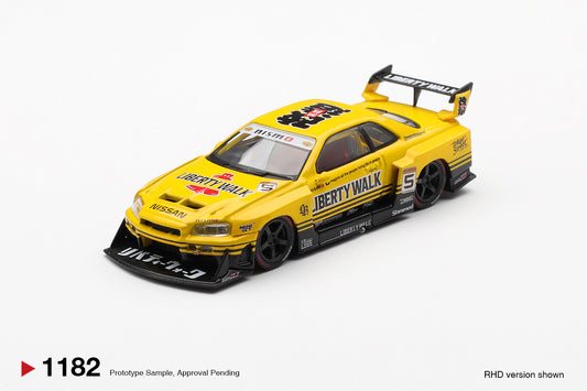 Front view of Nissan LB-ER34 Super Silhouette Skyline Sport Yellow 1:64 diecast model car by Mini GT (MGT01182)