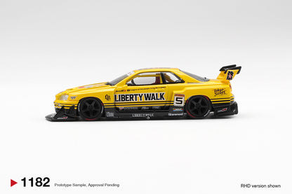 Side profile of Nissan LB-ER34 Super Silhouette Skyline Sport Yellow 1:64 scale model car with Liberty Walk livery (MGT01182)